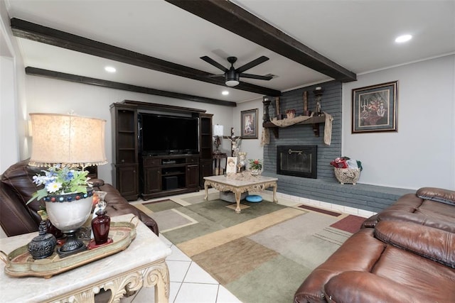 5108 NW 19th Ter, Oklahoma City, OK 73127 - tiled living area with beamed ceiling, a fireplace, ceiling fan, recessed lighting, and ornamental molding
