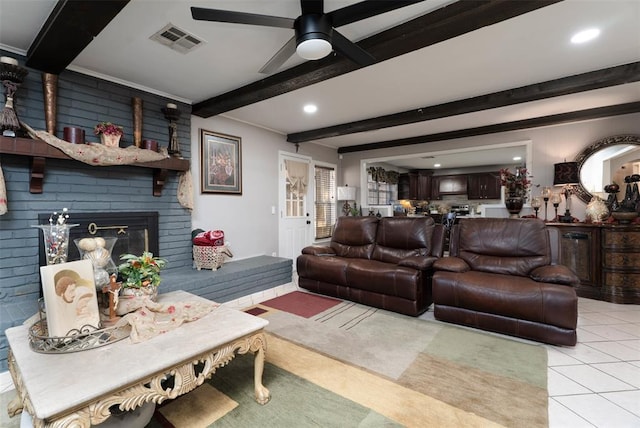 5108 NW 19th Ter, Oklahoma City, OK 73127 - living room with beamed ceiling, ceiling fan, recessed lighting, light tile patterned floors, and a fireplace