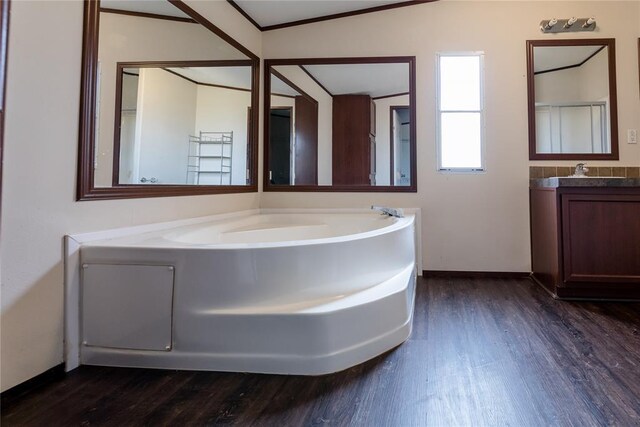 20649 E 1110th Rd, Canute, OK 73626 - bathroom with wood finished floors, vanity, and a garden tub