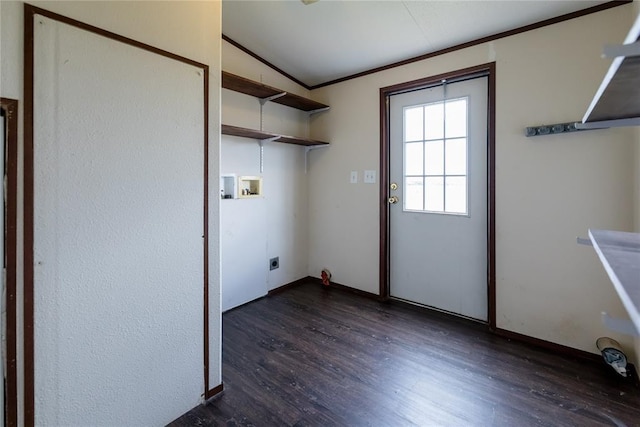 20649 E 1110th Rd, Canute, OK 73626 - laundry area featuring hookup for an electric dryer, dark wood-style floors, washer hookup, crown molding, and baseboards