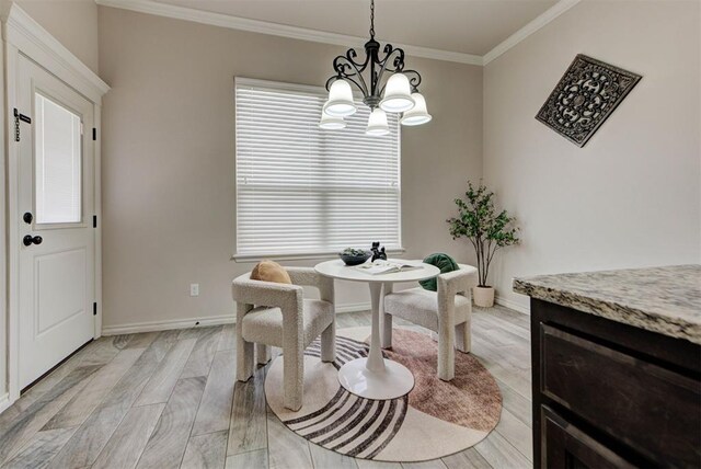 8340 NW 137th St, Oklahoma City, OK 73142 - dining space with crown molding, a chandelier, and light wood-style flooring
