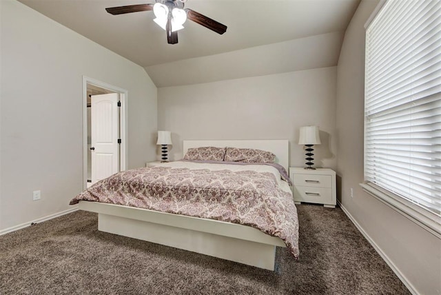 8340 NW 137th St, Oklahoma City, OK 73142 - bedroom featuring dark colored carpet, vaulted ceiling, and a ceiling fan