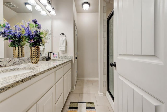8340 NW 137th St, Oklahoma City, OK 73142 - full bath featuring tile patterned floors, double vanity, and a shower stall