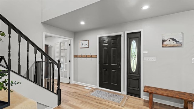 10506 W Smith Rd, El Reno, OK 73036 - entrance foyer with stairway, light wood-style flooring, and recessed lighting