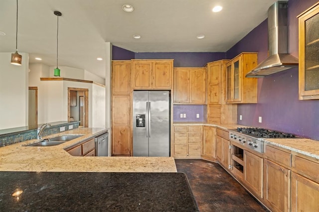 3895 NE Arrowhead Rd, Piedmont, OK 73078 - kitchen featuring wall chimney range hood, appliances with stainless steel finishes, tasteful backsplash, recessed lighting, and light stone counters