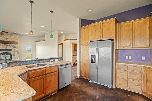 3895 NE Arrowhead Rd, Piedmont, OK 73078 - kitchen featuring stainless steel appliances, concrete floors, pendant lighting, light stone counters, and recessed lighting