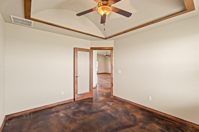 3895 NE Arrowhead Rd, Piedmont, OK 73078 - empty room featuring concrete floors, vaulted ceiling, and ceiling fan