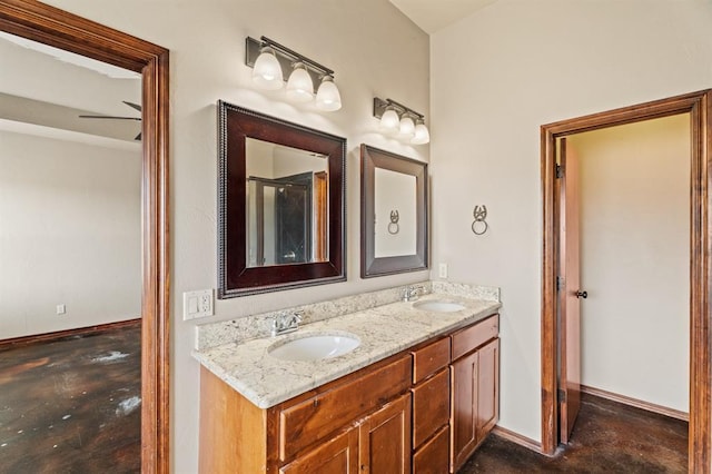 3895 NE Arrowhead Rd, Piedmont, OK 73078 - full bathroom featuring double vanity, concrete floors, and a shower