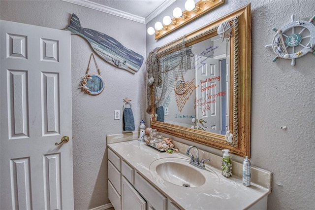 13086 240th, Blanchard, OK 73010 - bathroom with a textured wall, crown molding, and vanity
