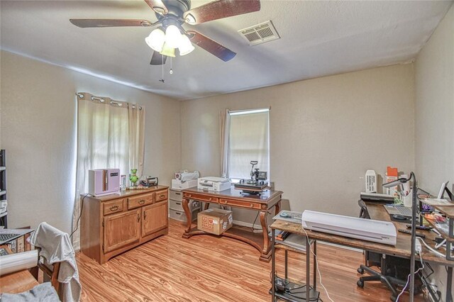 13086 240th, Blanchard, OK 73010 - home office with healthy amount of natural light, ceiling fan, and light wood-style flooring