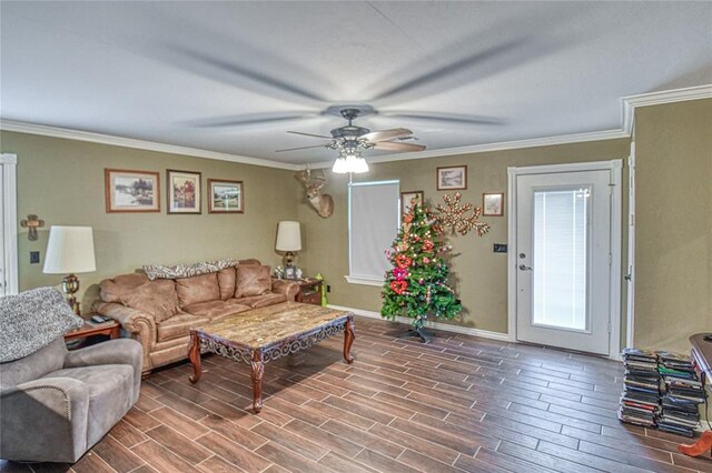 13086 240th, Blanchard, OK 73010 - living area featuring ceiling fan, wood finished floors, and crown molding