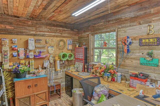 13086 240th, Blanchard, OK 73010 - miscellaneous room featuring wooden walls, beverage cooler, wood finished floors, and wooden ceiling