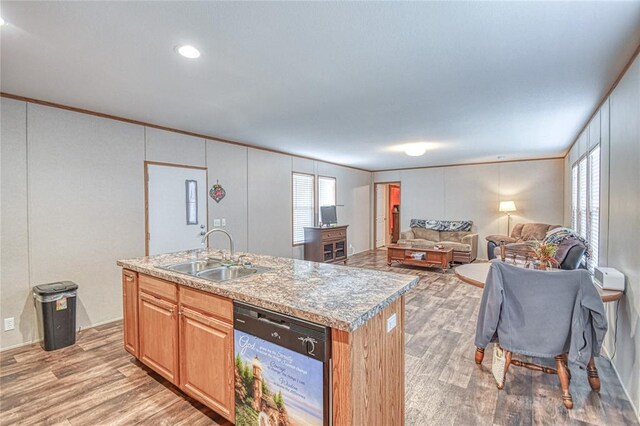 13086 240th, Blanchard, OK 73010 - kitchen with dishwasher, light wood-style flooring, open floor plan, a center island with sink, and ornamental molding