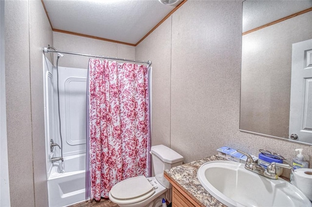 13086 240th, Blanchard, OK 73010 - full bathroom featuring vanity, shower / bath combination with curtain, crown molding, and a textured wall