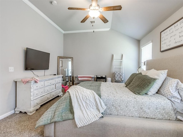 3911 Wiltshire Dr, Norman, OK 73026 - bedroom with lofted ceiling, carpet flooring, baseboards, ceiling fan, and ornamental molding