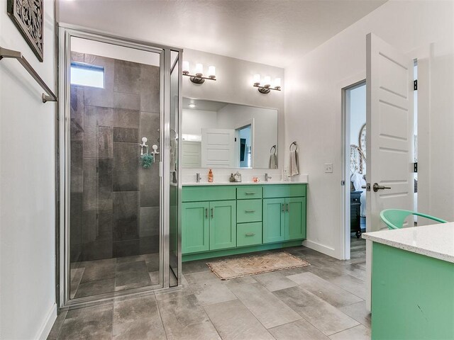 8324 NW 151st Ter, Edmond, OK 73013 - full bath featuring double vanity, a shower stall, and baseboards