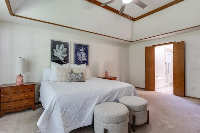 12432 Hastings Rd, Midwest City, OK 73130 - carpeted bedroom with crown molding, connected bathroom, high vaulted ceiling, and a ceiling fan