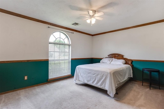 12432 Hastings Rd, Midwest City, OK 73130 - bedroom featuring carpet flooring, crown molding, and a ceiling fan