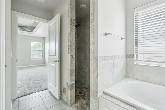 1513 Reid Pryor Rd, Norman, OK 73072 - bathroom featuring a bath, a walk in shower, tile patterned flooring, and ceiling fan