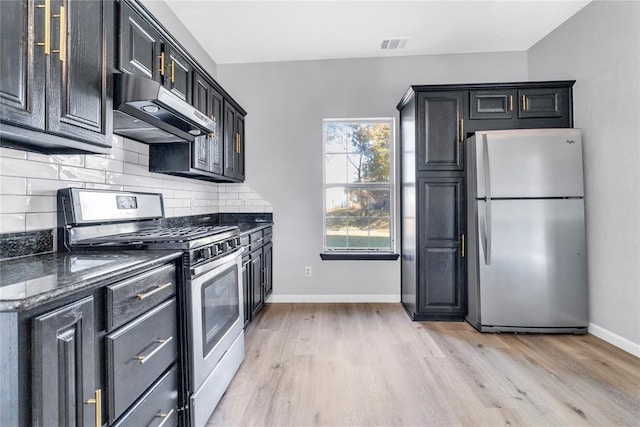 501 SW 2nd St, Tuttle, OK 73089 - kitchen with stainless steel appliances, under cabinet range hood, tasteful backsplash, light wood-style flooring, and dark cabinetry