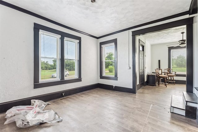1901 E University Ave, Guthrie, OK 73044 - living area featuring ornamental molding, healthy amount of natural light, wood finished floors, a textured ceiling, and a textured wall