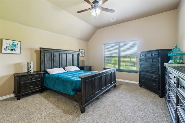 bedroom with light carpet, baseboards, lofted ceiling, and ceiling fan