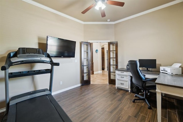office with french doors, crown molding, dark wood finished floors, a ceiling fan, and baseboards