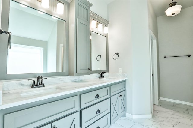 12016 SW 50th St, Mustang, OK 73064 - bathroom featuring marble finish flooring and double vanity