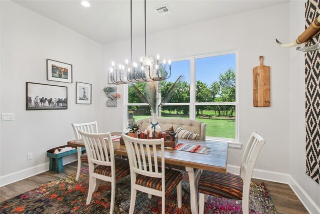 3154 Red Ridge Dr, Blanchard, OK 73010 - dining room featuring a chandelier, baseboards, wood finished floors, and recessed lighting