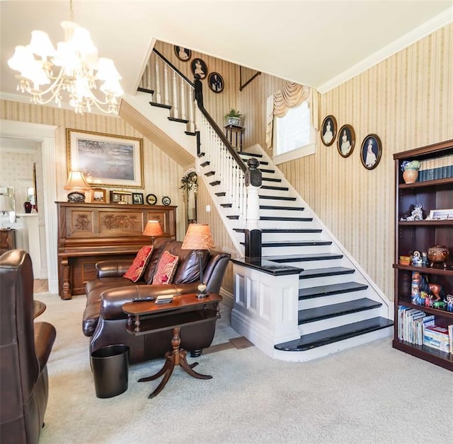 201 W 8th St, Chandler, OK 74834 - staircase featuring wallpapered walls, carpet flooring, a chandelier, and crown molding