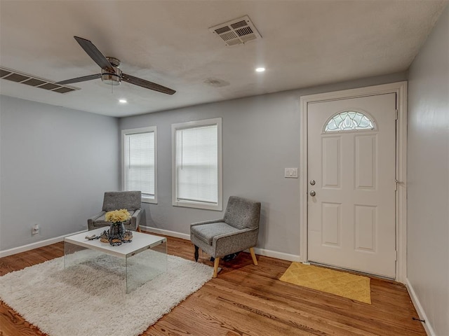 2417 SW 47th St, Oklahoma City, OK 73129 - entryway featuring a ceiling fan, baseboards, light wood-style floors, and recessed lighting