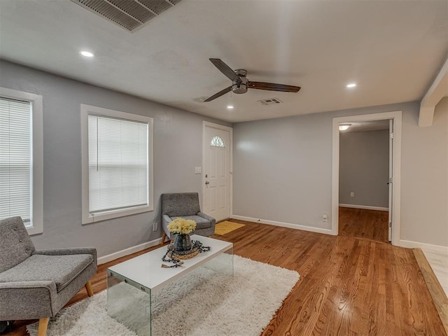 2417 SW 47th St, Oklahoma City, OK 73129 - living area with recessed lighting, light wood-style floors, a ceiling fan, and baseboards