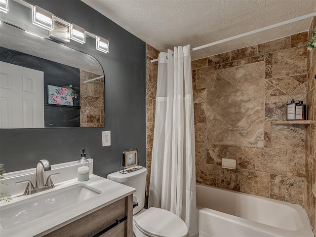 2417 SW 47th St, Oklahoma City, OK 73129 - bathroom with vanity, shower / bath combo with shower curtain, a textured ceiling, and toilet