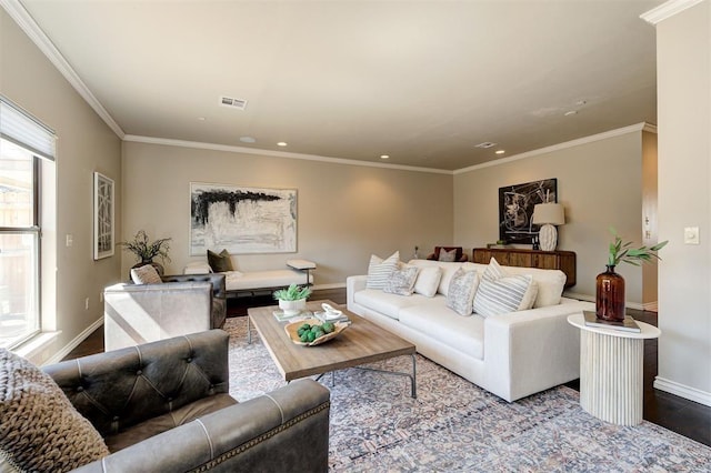 6206 Waterford Blvd Unit 45, Oklahoma City, OK 73118 - living room featuring baseboards, wood finished floors, recessed lighting, and crown molding