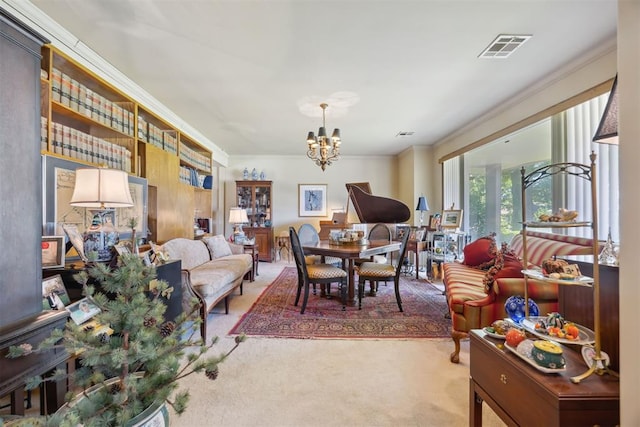 2917 W Pelham Dr, Oklahoma City, OK 73120 - carpeted living area featuring a chandelier and ornamental molding
