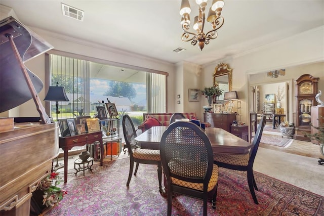 2917 W Pelham Dr, Oklahoma City, OK 73120 - carpeted dining room featuring a chandelier and crown molding