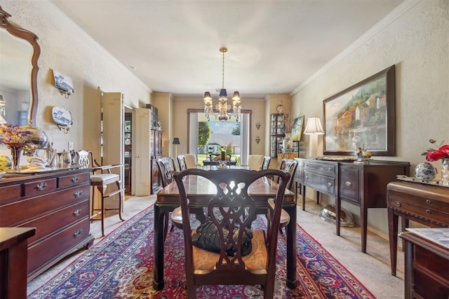 2917 W Pelham Dr, Oklahoma City, OK 73120 - dining area with carpet flooring, a chandelier, crown molding, and a textured wall
