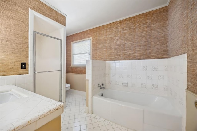 2917 W Pelham Dr, Oklahoma City, OK 73120 - full bath with tile patterned floors, a bath, vanity, a stall shower, and ornamental molding