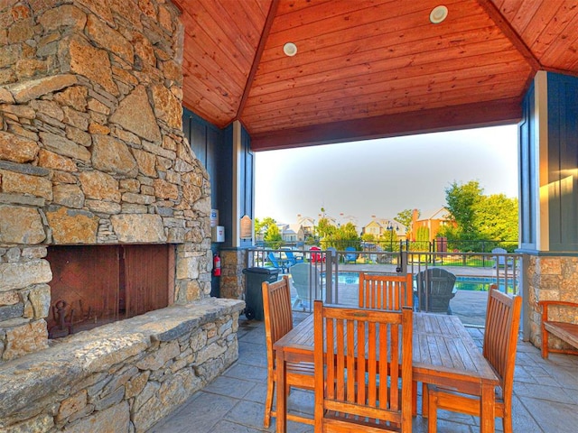37271 S Cliff Crest Dr, Langley, OK 74301 - view of patio / terrace with an outdoor stone fireplace and a gazebo