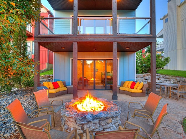 37271 S Cliff Crest Dr, Langley, OK 74301 - view of patio featuring an outdoor living space with a fire pit and a balcony