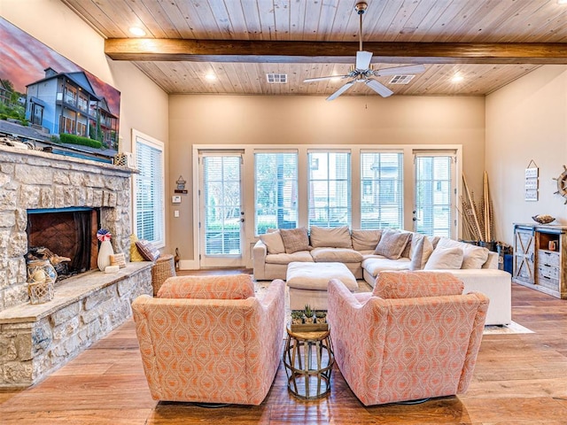37271 S Cliff Crest Dr, Langley, OK 74301 - living area with wood ceiling with exposed beams, light wood finished floors, ceiling fan, healthy amount of natural light, and a fireplace
