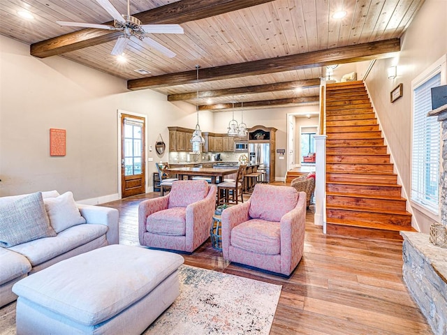 37271 S Cliff Crest Dr, Langley, OK 74301 - living room featuring wood ceiling with exposed beams, light wood-style floors, stairway, recessed lighting, and baseboards