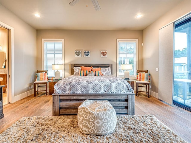 37271 S Cliff Crest Dr, Langley, OK 74301 - bedroom featuring wood finished floors, access to outside, baseboards, recessed lighting, and ceiling fan