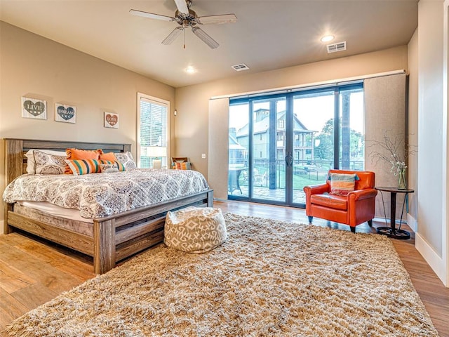 37271 S Cliff Crest Dr, Langley, OK 74301 - bedroom featuring access to exterior, wood finished floors, recessed lighting, baseboards, and a ceiling fan