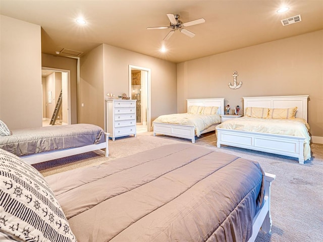 37271 S Cliff Crest Dr, Langley, OK 74301 - carpeted bedroom featuring recessed lighting, attic access, baseboards, a ceiling fan, and ensuite bath