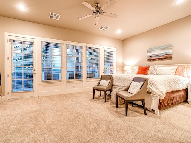 37271 S Cliff Crest Dr, Langley, OK 74301 - bedroom featuring light carpet, recessed lighting, access to outside, and ceiling fan