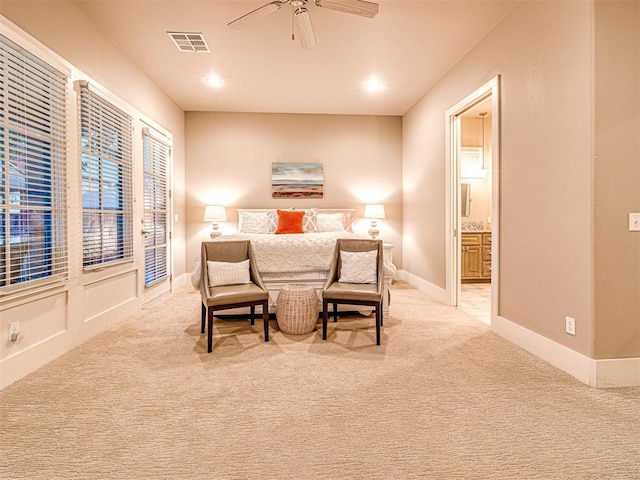 37271 S Cliff Crest Dr, Langley, OK 74301 - bedroom featuring light colored carpet, ensuite bath, ceiling fan, recessed lighting, and baseboards