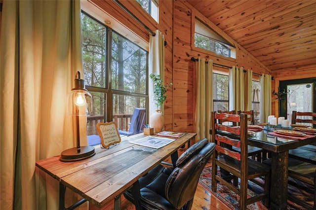 1073 Southern Hills Cir, Broken Bow, OK 74728 - dining space featuring vaulted ceiling, wood finished floors, wooden ceiling, and wood walls
