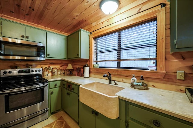 1073 Southern Hills Cir, Broken Bow, OK 74728 - kitchen with green cabinets, appliances with stainless steel finishes, light countertops, and wooden ceiling