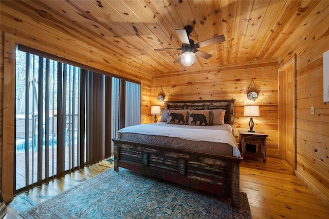 1073 Southern Hills Cir, Broken Bow, OK 74728 - bedroom featuring wood-type flooring, wood ceiling, wooden walls, and a ceiling fan